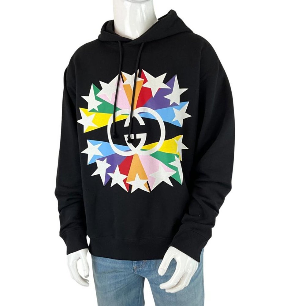 Gucci Men’s Sweatshirt Hoodie GG Monogram Star Burst Print Black Sz S